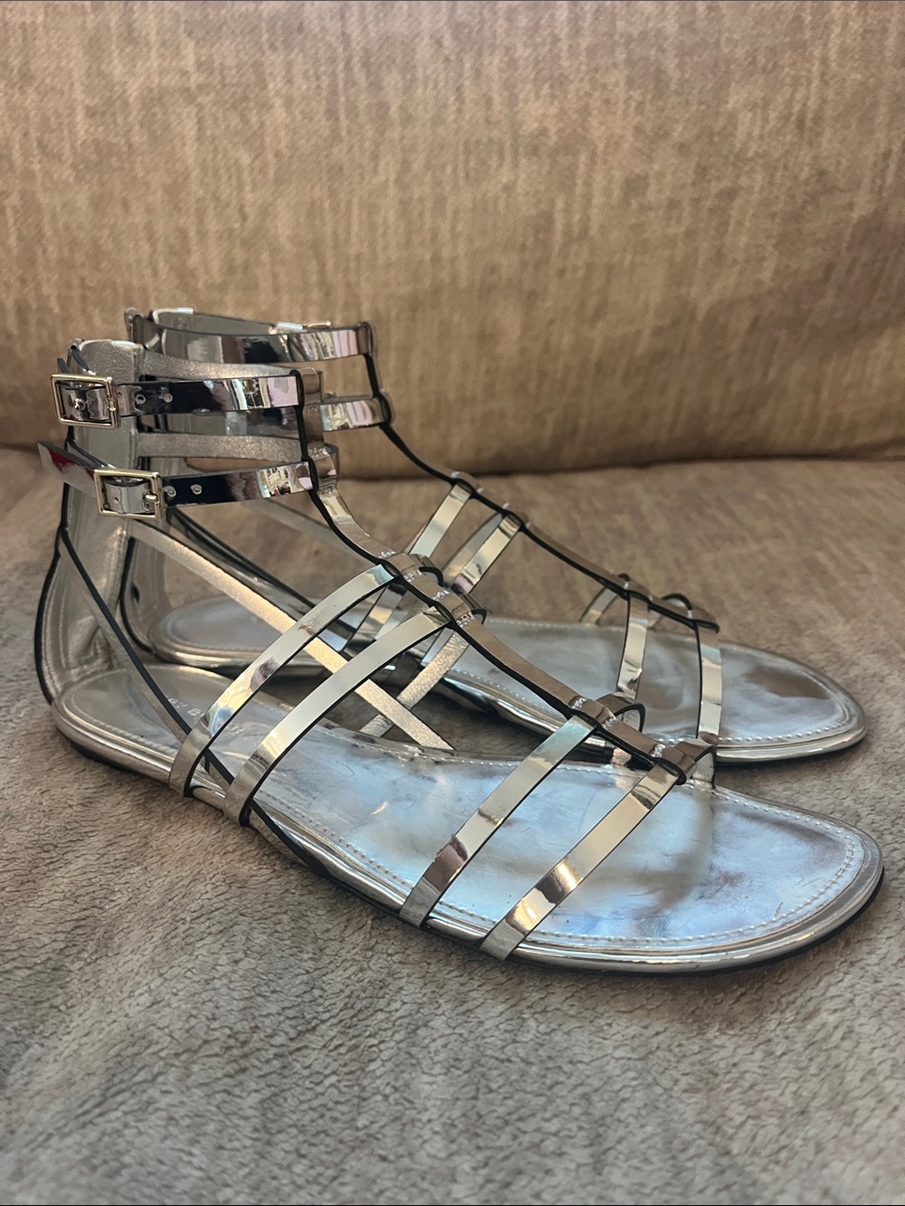 TORY BURCH Metallic Silver Strappy Gladiator Sandals